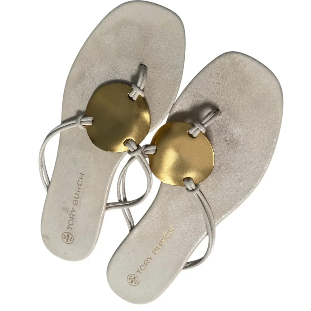 Tory Burch Patos Disk Leather Sandal Ivory Leather Gold Logo White Thong Size 8M